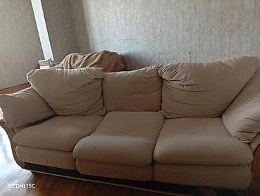 tek kreslo: Bej rəngli yumşaq mebel dəsti - Tərkib: 3 nəfərlik divan + geniş 2 — 3