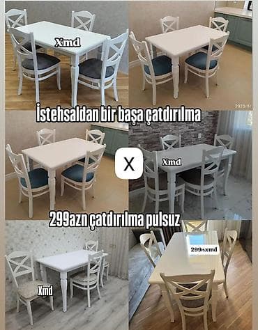 Ağ rəngdə yemək masası və 4 ədəd kreslo dəsti. Xüsusiyyətlər: -