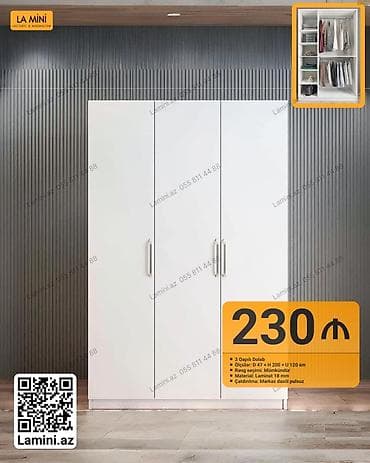 3 qapılı dolab - Ölçülər: dərinlik 47 sm, hündürlük 200 sm, uzunluq — 1