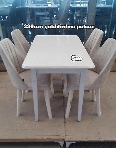 Ağ rəngdə yemək masası və 4 ədəd yumşaq kreslo tipli stul dəsti. - — 1