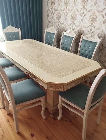 Qonaq otağı üçün, İşlənmiş, Açılmayan, Dördbucaq masa, 8 stul — 2