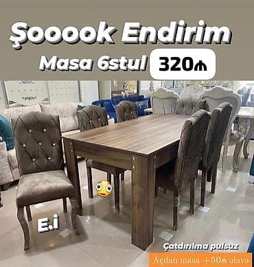 deniz stolu: Masa və 6 stul dəsti - Müasir dizaynlı, taxta teksturalı yemək masası — 1