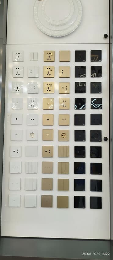 Müxtəlif elektrik rozetkaları və açarlarının nümayişi. Bu çeşiddə