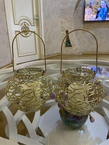 şam aqaci: Qızılı rəngdə dekorativ şam fanarı – 2 ədəd set - Material: metal — 1
