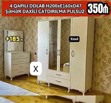 paltar dolab: 4 qapılı dolab – ölçülər: H200 x E160 x D47 sm. İki aynalı orta qapı — 1