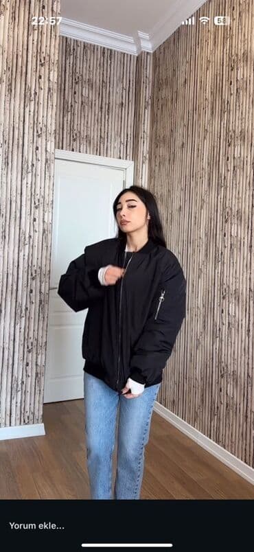 kişi dəri godəkcələr: Unisex bomber gödəkçə - Model: oversize bomber - Rənglər: qara - — 3