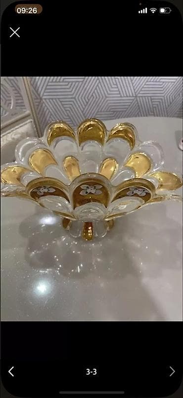 çerez qablari: Qızılı naxışlı şüşə meyvə/güllük qabı - Material: qalın, şəffaf şüşə — 1