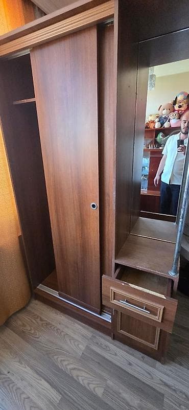 2 двери, С зеркалом, Коричневый, Дерево, Купе, Прямой шкаф