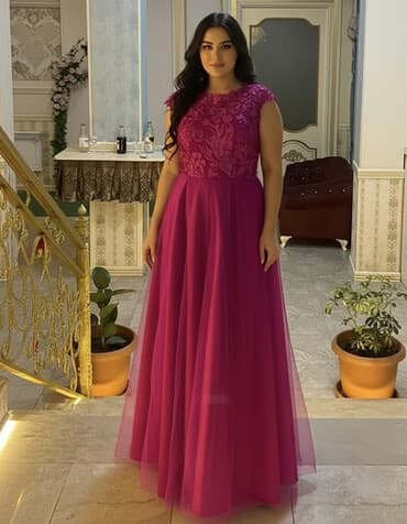 qirmizi alt paltarlari: Məhsul: Ziyafət/libas – tünd çəhrayı (fuşya) rəngdə uzun don - Model — 2