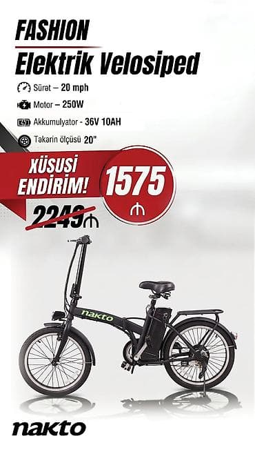 Yeni Elektrik velosipedi 20", sürətlərin sayı: 20, 250 Vt, Ödənişli çatdırılma
