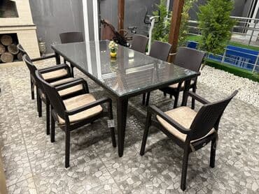 işlənmiş bağ mebeli: Прямоугольный стол, 8 стульев, Нераскладной, Со стульями, Плетеный — 1
