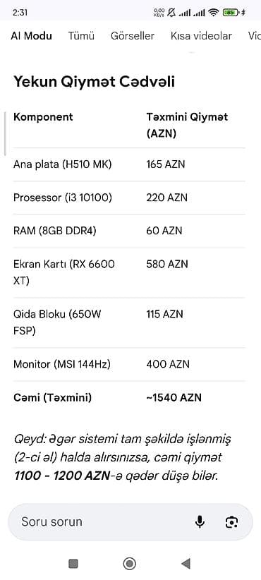 infinix smart 5: Gaming masaüstü kompüter + monitor + periferiyalar Komponentlər: - — 4