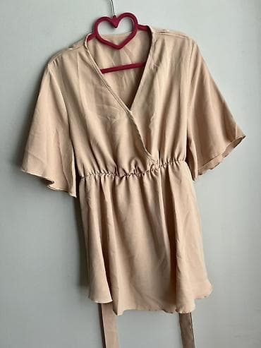 şort: Bej rəngli qadın tuniği/kimono üst - Model: V-yaxa, sarafan tipli — 2