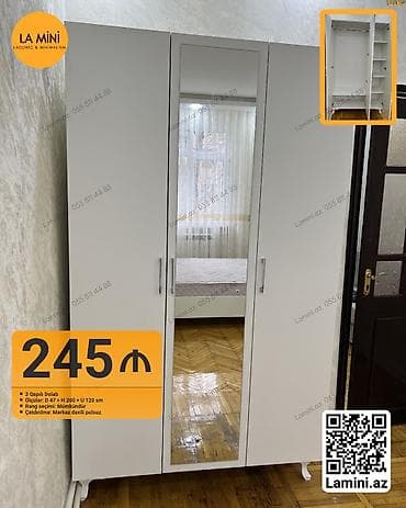- 3 qapılı geyim dolabı - Ön paneldə tam boy güzgü - Ölçülər: 47 sm — 1
