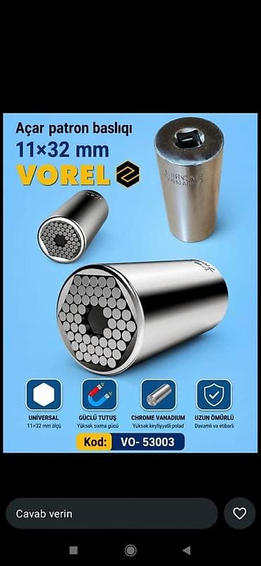 polad: VOREL universal açar patron başlığı – 11×32 mm - Ölçü: 11×32 mm - — 1