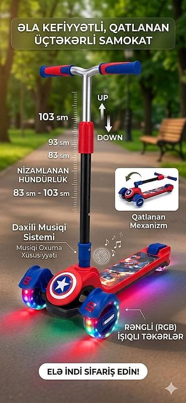 Самокаты: Qatlanan, üçtəkərli uşaq samokatı - Rul hündürlüyü nizamlanan: 83–103 — 2