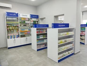 Mağaza arabaları: Aptek və ya mağaza üçün ideal olan bu mebel dəsti geniş rəflər və şüşə — 7