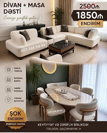 Divan + masa dəsti - Yumşaq krem rəngli, L formalı künc divan