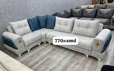 Divan və kreslo dəstləri: Künc divan dəsti - Rəng: açıq boz korpus, tünd mavi dekor panelləri — 1