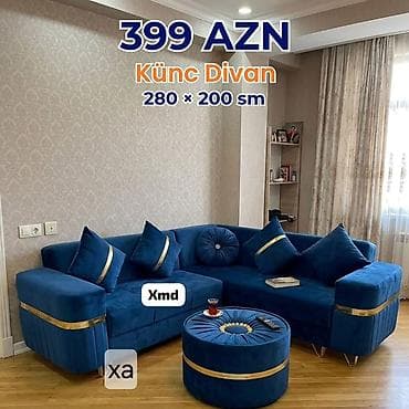Künc divan – 280 × 200 sm Qiymət: 399 AZN - Zəngin mavi rəngli