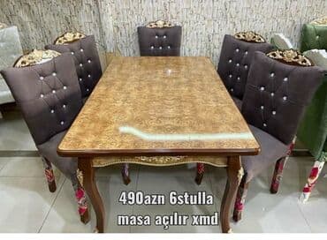 Masa və oturacaq dəstləri: Qonaq otağı üçün, Yeni, Açılan, Dördbucaq masa, 6 stul — 1
