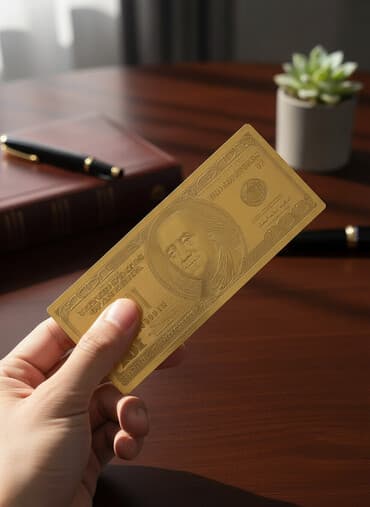 komedixana bilet 2025: Qızılı rəngli suvenir banknot – 100 ABŞ dolları dizaynında - — 1