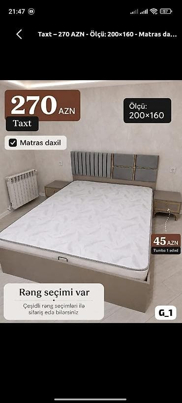 mebel taxt: Taxt – ölçü 200×160 - Komplektdə matras daxildir - Yumşaq başlıq — 1