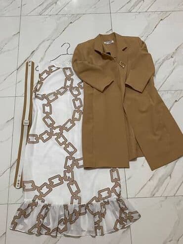qadin ucun kastum salvar: Zərif qadın dəsti – paltar + pencək + kəmər - Rənglər: süd-ağ və — 2