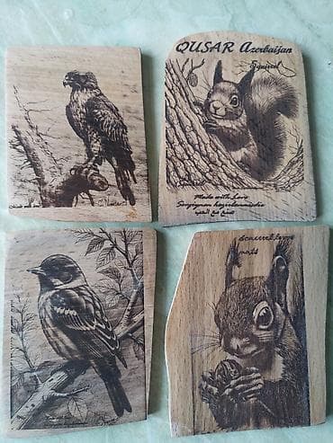 dekor aboylar: Əl işləri dəsti – ağac oyması külqabı və piroqrafiya tabloları - — 2