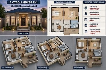 ev temiri qiymeti: 2 otaqlı həyət evi – 8x8 planla tikinti xidməti Ümumi ev sahəsi: 64 — 3