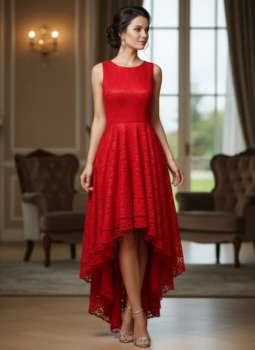 Qırmızı krujeva (məxməri naxışlı) ziyafət paltarı - Model: asimmetrik