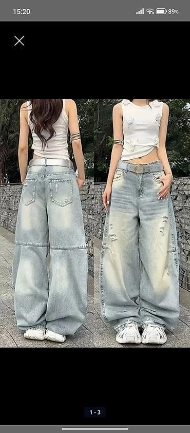 Cinslər: Geniş kəsimli yuyulmuş denim şalvar - Model: ultra-oversize, “baggy” — 1