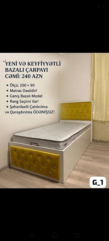 kunc divan satiram: *Bazalı Çarpayı ✨240Azn* ✔️Ölçü:200×90 ✔️Rəng seçimi var ✔️İstehsal — 1
