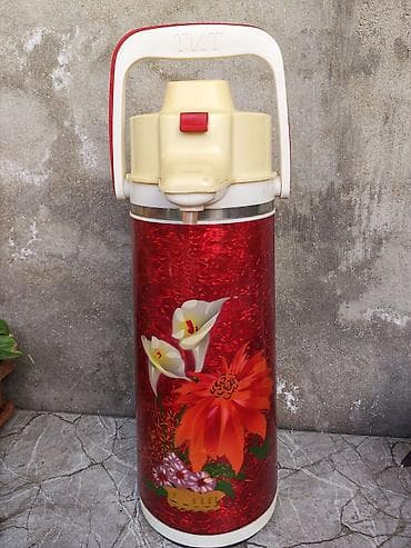 Elektronika: Retro termopot – mexaniki pompalı, dekorativ çiçək naxışlı korpus. - — 1