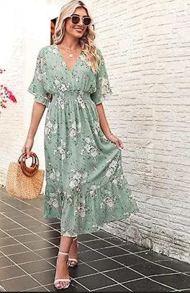 Qadınlar üçün floral midi/uzun don - Rəng: Açıq yaşıl/mentol