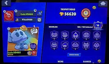 x ekran: Brawl Stars oyun hesabı - Qızıl kuboklar: 56,620 (ən yüksək: 56,623) — 3