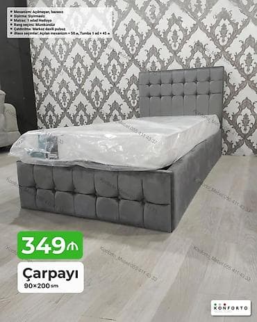 islenmis matras: Çarpayı – 90×200 sm, boz rəngli, yumşaq başlıq və karkas dizaynı — 1