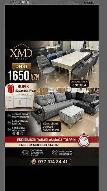reception masa: XMD Mebel dəsti Tərkib: - Açılan masa + 6 stul - Künc divan (3×2 — 1