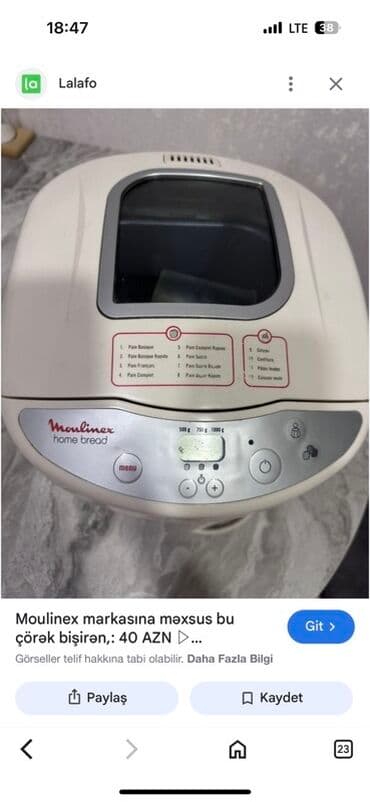 Çörəkbişirən, Moulinex, Çörəyin çəkisi - 1 - 1.5 kq