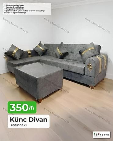 Künc divan + puf/oturacaq Ölçü: 260 × 160 sm Qiymət: 350 ₼ — 1