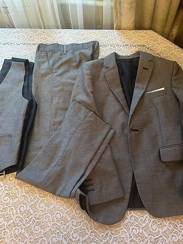 desd paltarlar: Kişi kostyum dəsti – 3 parça - Rəng: boz (xırda dama/mini-çek naxışlı — 3