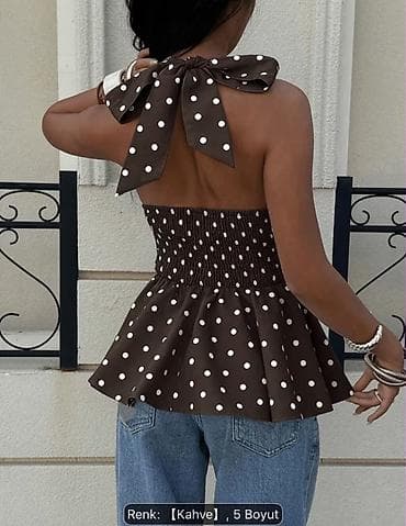 xs ikinci el: Qəhvəyi rəngdə, ağ xallı qadın bluzu – halter tipli, qolsuz və dərin — 2