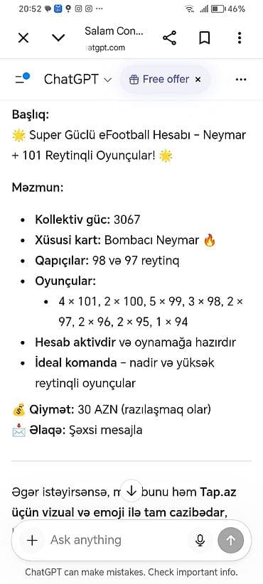 Сфера образования: Başlıq: Super güclü eFootball hesabı – Neymar və 101 reytinqli — 2