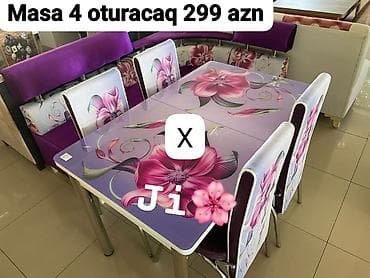 Mətbəx dəsti – masa və 4 oturacaq - Üstü bənövşəyi tonlarda iri çiçək