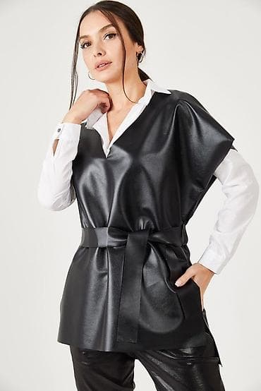 zerli koynekler: Qadınlar üçün qara eko‑dəri tunik/kəmərli üst geyim - Material — 1