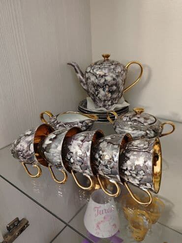 servisler: Çay dəsti, rəng - Boz, Farfor — 1