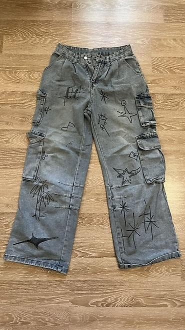 Şalvarlar: Unikal dizaynlı boz denim cargo şalvar - Material: sıx toxunuşlu — 1