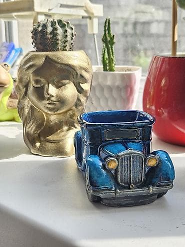 qab gulleri sekilleri: Dekorativ mini dibçəklər və qələm/qutu stendləri dəsti - Retro — 1