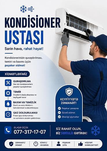 kondisioner ustasi gence: Xidmət: Hər növ kondisionerlərin təmiri və texniki xidməti Təsvir: - — 1