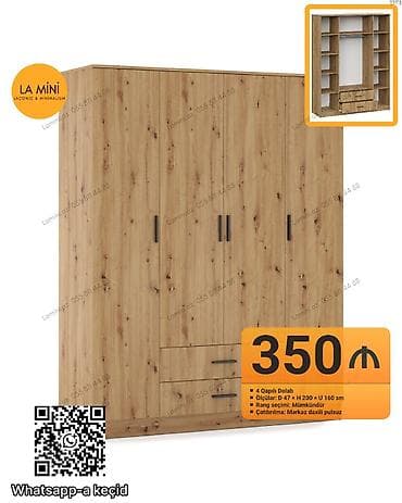 4 qapılı geyim dolabı - Ölçülər: dərinlik 47 sm × hündürlük 200 sm ×